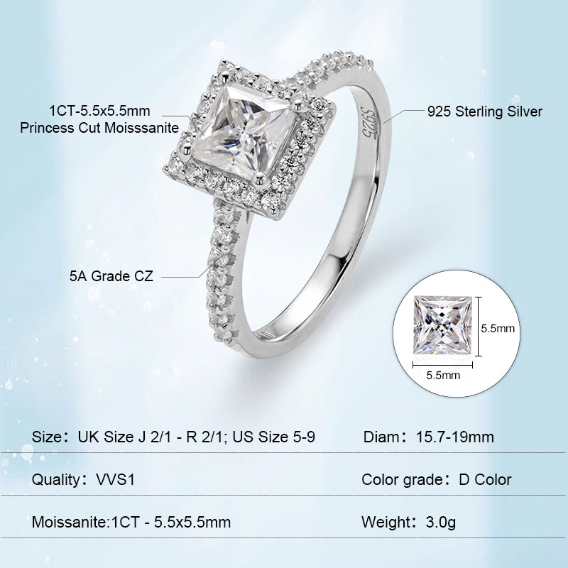 Princess Cut 1CT 925 Sterling Silver Half-Eternity Halo Moissanite Ring