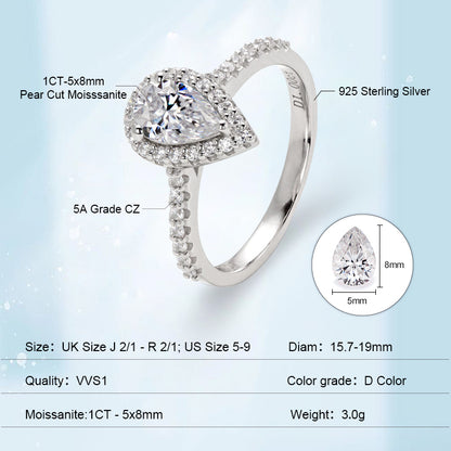 Pear Cut 1CT 925 Sterling Silver Half-Eternity Halo Moissanite Ring