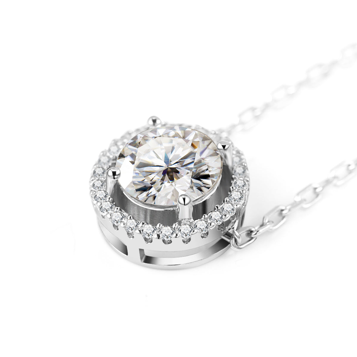 Round Cut 1CT Moissanite 925 Sterling Silver Halo Hollow Pendant Necklace