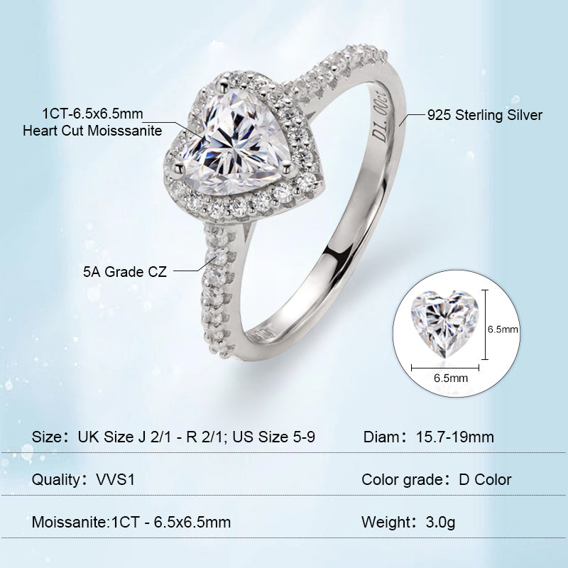 Heart Cut 1CT 925 Sterling Silver Halo Moissanite Ring