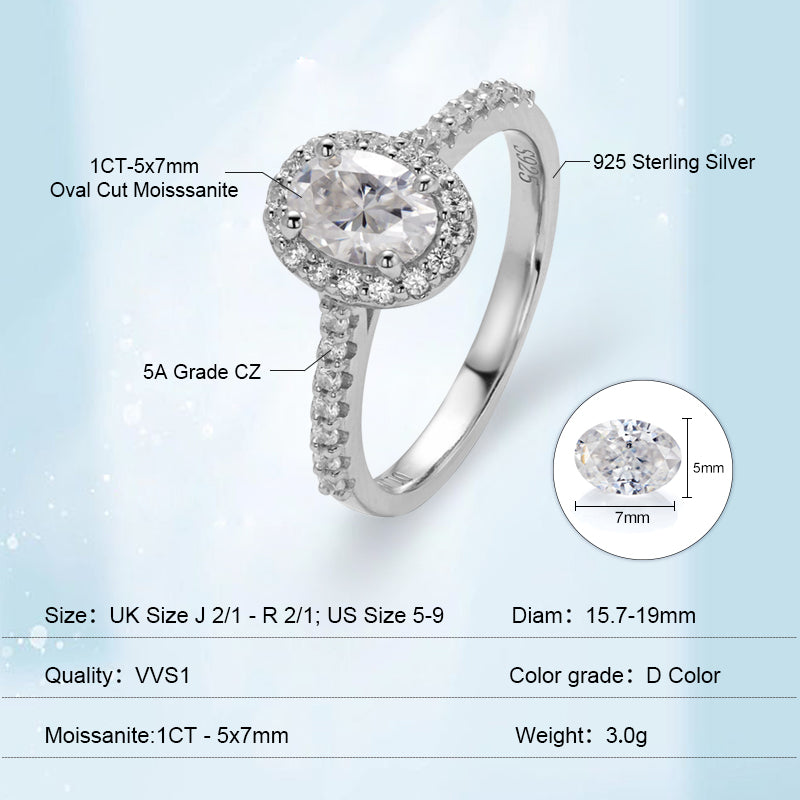 Oval Cut 1CT 925 Sterling Silver Halo Half Eternity Moissanite Ring