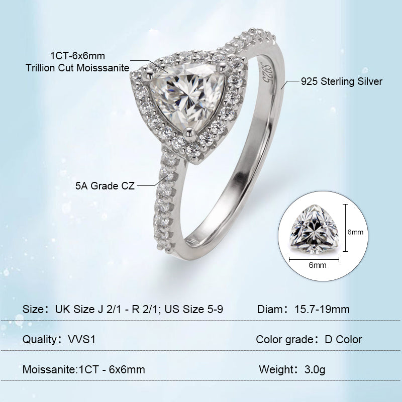 Trillion Cut 1CT 925 Sterling Silver Half-Eternity Halo Moissanite Ring