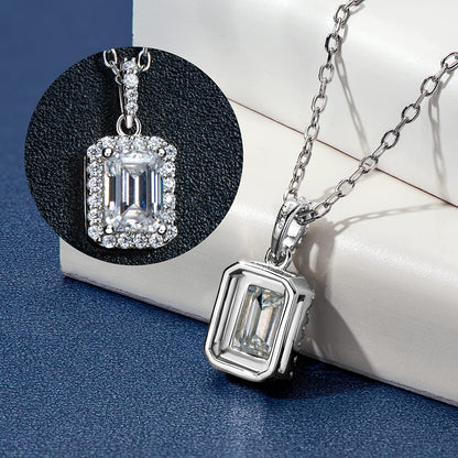 Emerald Cut 1/2CT 925 Sterling Silver Halo Moissanite Pendant Necklace