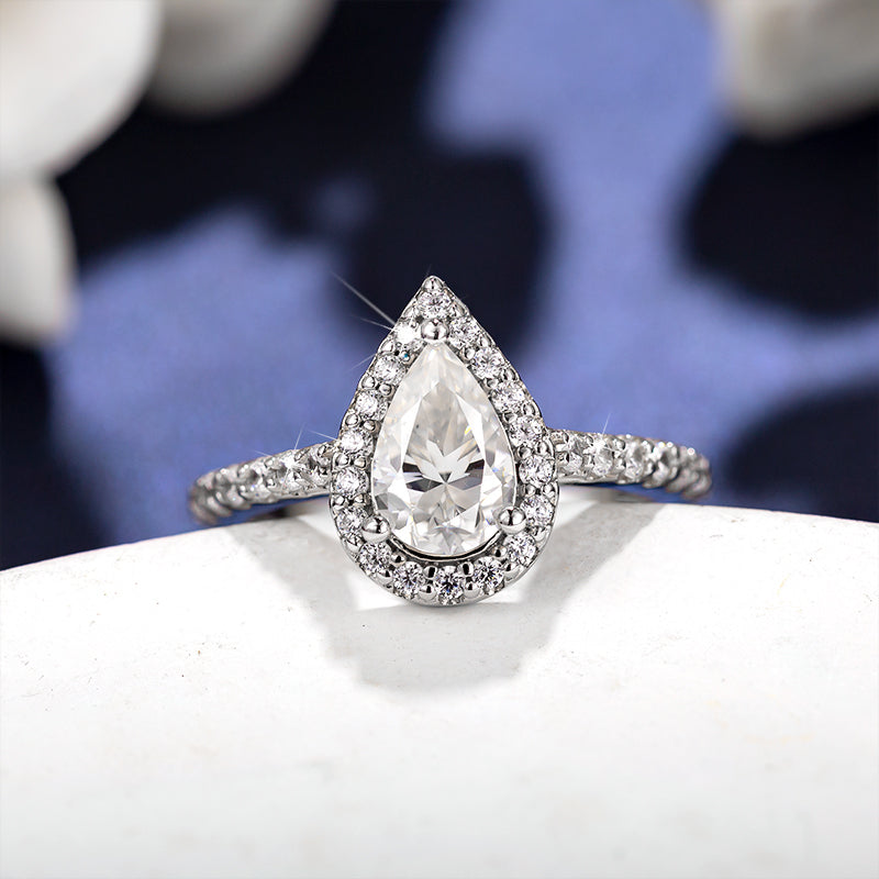 Pear Cut 1CT 925 Sterling Silver Half-Eternity Halo Moissanite Ring