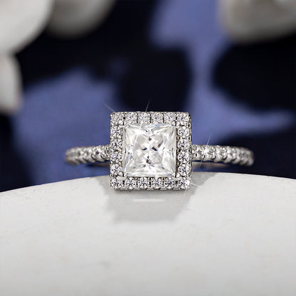 Princess Cut 1CT 925 Sterling Silver Half-Eternity Halo Moissanite Ring