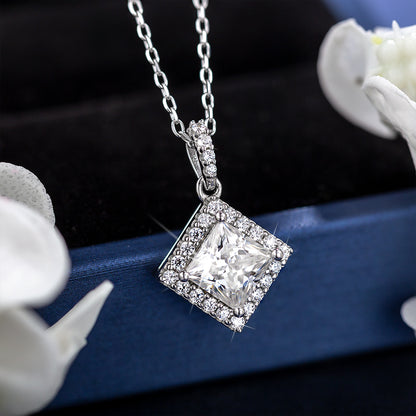 Princess Cut 1/2CT 925 Sterling Silver Halo Moissanite Pendant Necklace