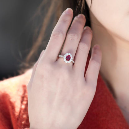 Oval Cut Lab Ruby 1CT Adjustable Floral Halo Half Eternity Ring