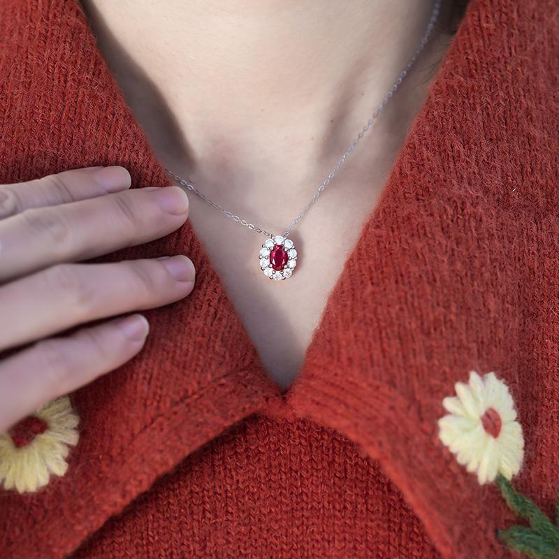 1CT Oval Cut Lab Ruby Floral Halo Pendant Necklace