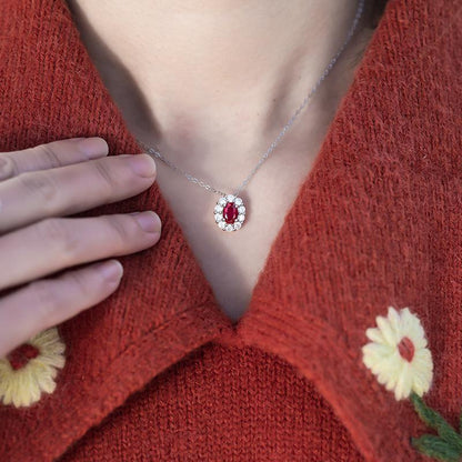 1CT Oval Cut Lab Ruby Floral Halo Pendant Necklace