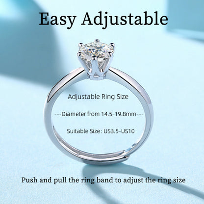 Classic Six Claw Settings Round Moissanite Adjustable Solitaire Ring