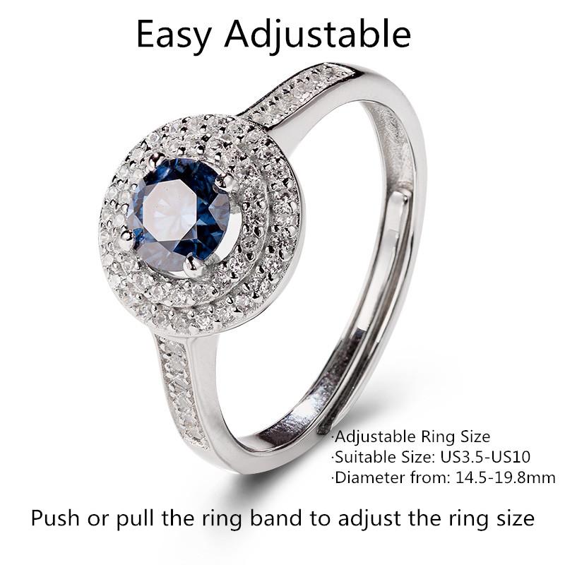 Round Blue Moissanite Half Eternity Halo Adjustable Ring