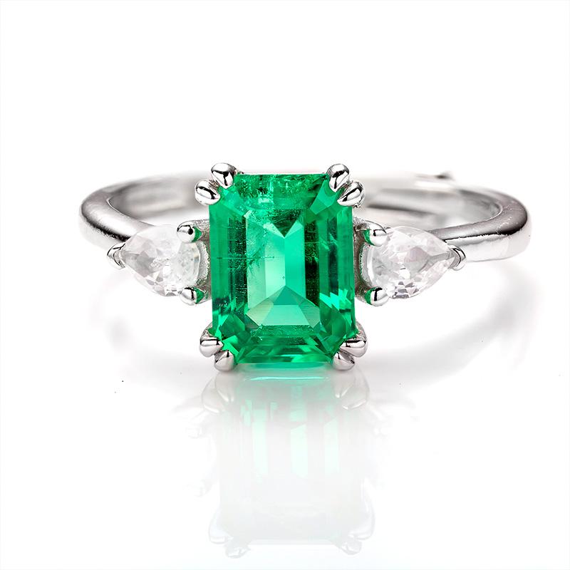 Adjustable 2CT Emerald Shape Lab Created Emerald 3-Stone Ring