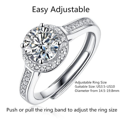 Round Shape Moissanite Halo Half-Eternity Adjustable Ring