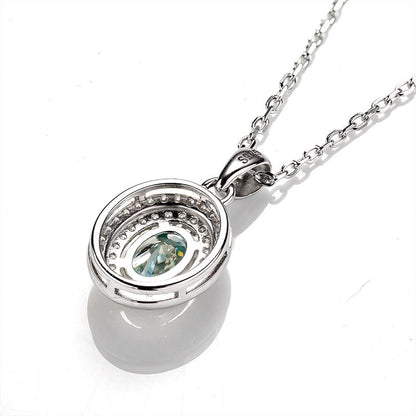 1CT Oval Shape Fancy Vivid Blue Moissanite Double Halo Pendant Necklace