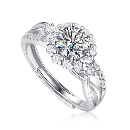 Floral Round Moissanite Twisted Double Band Adjustable Ring