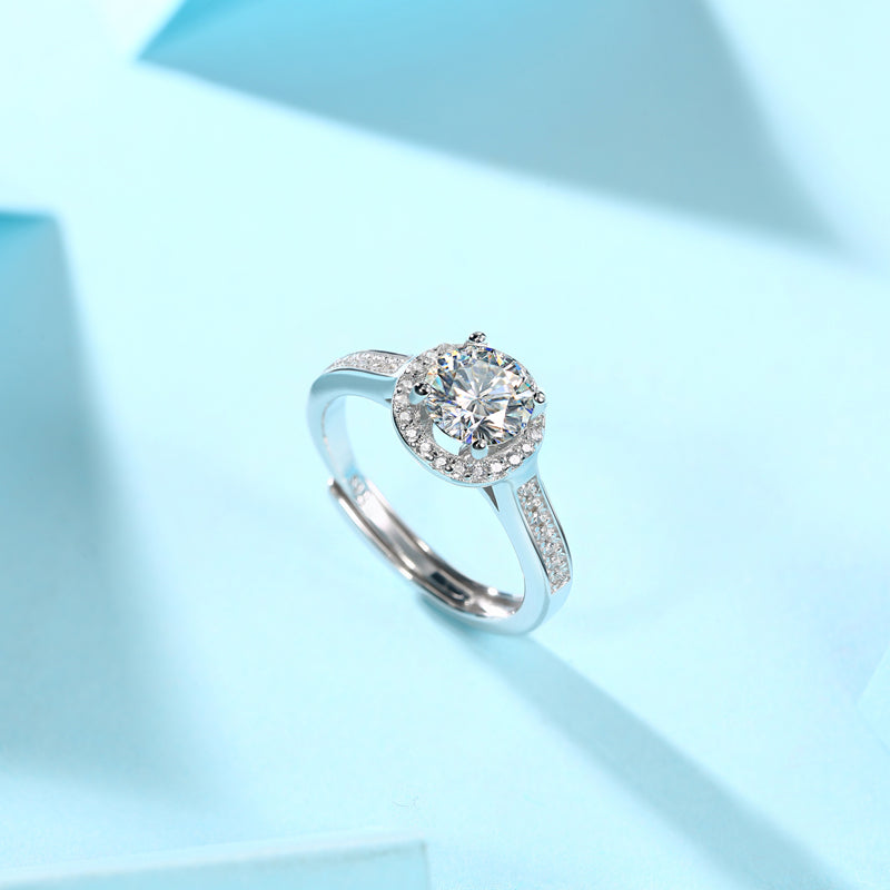 Round Shape Moissanite Halo Half-Eternity Adjustable Ring