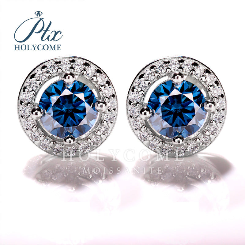 S925 Sterling Silver 1CT Round Blue Moissanite Stud Earrings