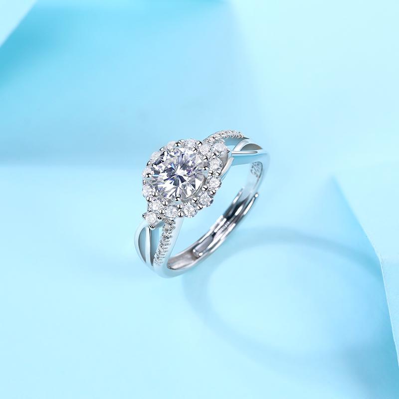 Floral Round Moissanite Twisted Double Band Adjustable Ring