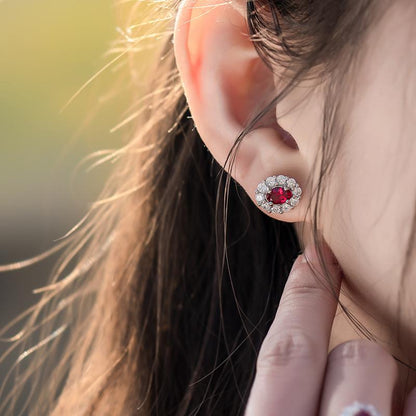 Oval Cut Lab Ruby 1CT Floral Stud Earrings