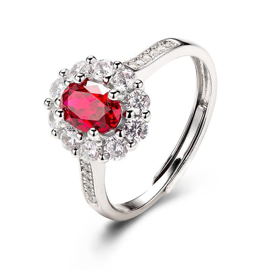 Oval Cut Lab Ruby 1CT Adjustable Floral Halo Half Eternity Ring