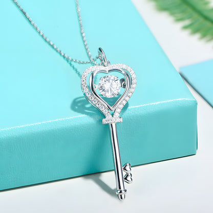 Love Key Dancing Pendant 1CT Round Cut Moissanite 925 Sterling Silver Daily Halo Necklace