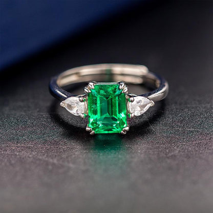 Adjustable 2CT Emerald Shape Lab Created Emerald 3-Stone Ring