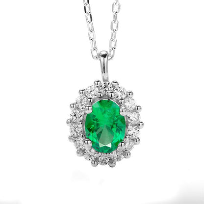 1CT/1.5CT Oval Cut Lab Created Emerald Floral Halo Pendant Necklace