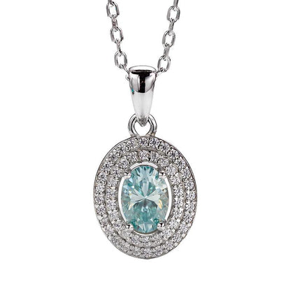 1CT Oval Shape Fancy Vivid Blue Moissanite Double Halo Pendant Necklace