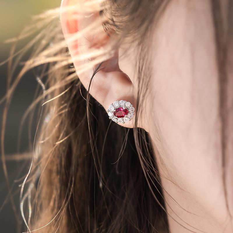 Oval Cut Lab Ruby 1CT Floral Stud Earrings