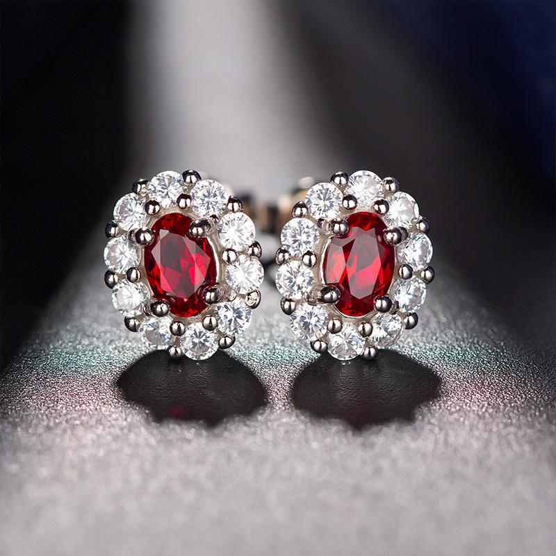 Oval Cut Lab Ruby 1CT Floral Stud Earrings