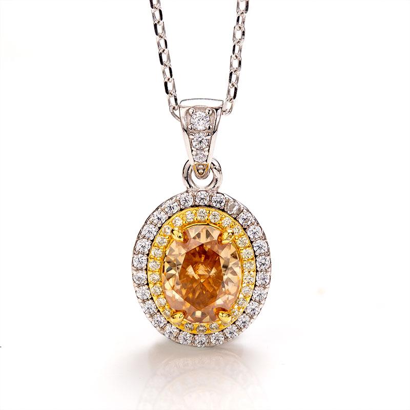 2CT Oval Cut Champagne Moissanite Double Halo Pendant Necklace