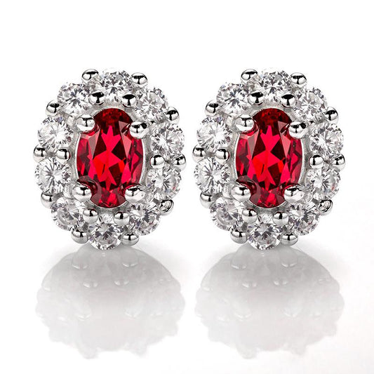 Oval Cut Lab Ruby 1CT Floral Stud Earrings