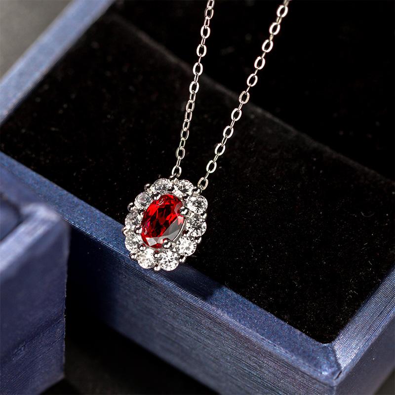 1CT Oval Cut Lab Ruby Floral Halo Pendant Necklace