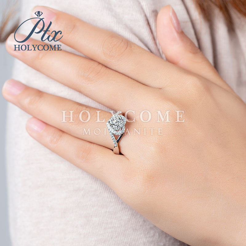 Love Shape Twisting Band Round Cut Halo Moissanite Ring