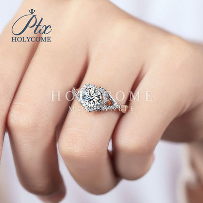 Love Shape Twisting Band Round Cut Halo Moissanite Ring