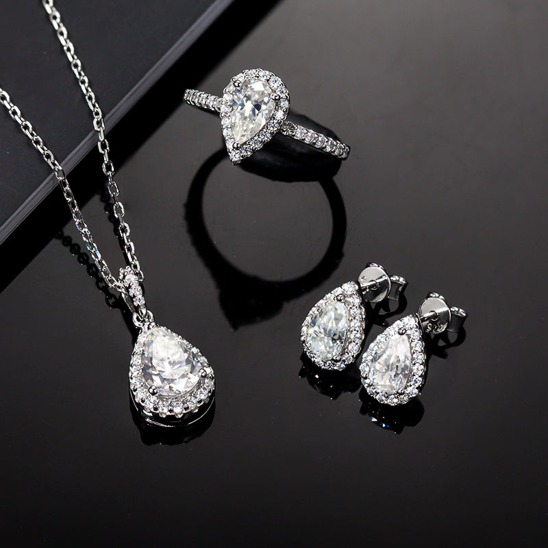 Pear Shape Halo Necklace Ring Earrings Moissanite Jewelry Set