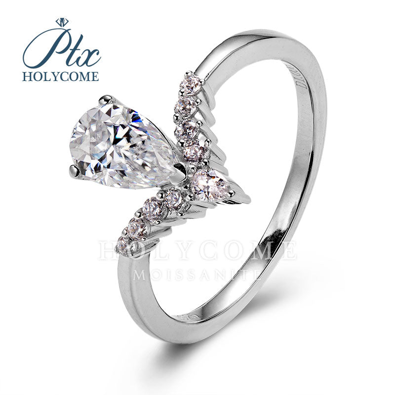 Half Eternity V shape Band Pear Cut Moissanite Engagment Ring