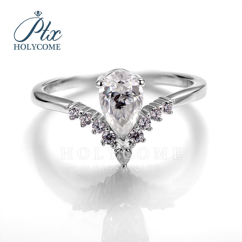 Half Eternity V shape Band Pear Cut Moissanite Engagment Ring