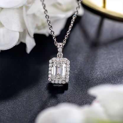 Emerald Cut 1/2CT 925 Sterling Silver Halo Moissanite Pendant Necklace