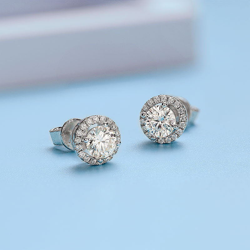 Sunflower Round Moissanite Halo Stud Earrings