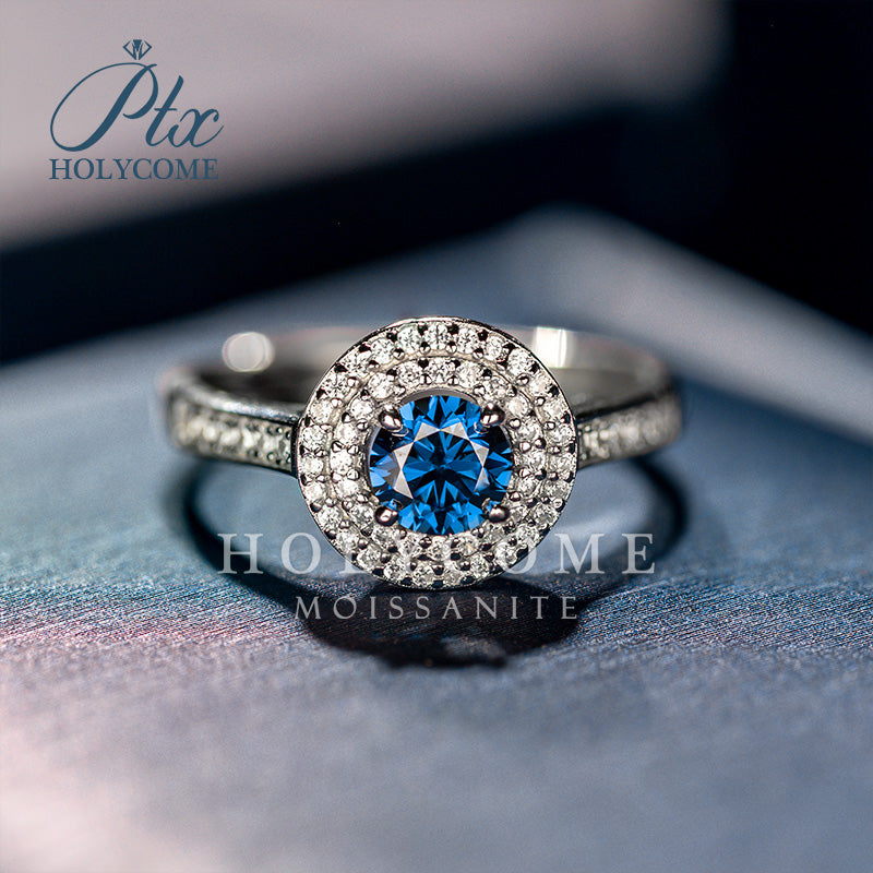 Round Blue Moissanite Half Eternity Halo Adjustable Ring