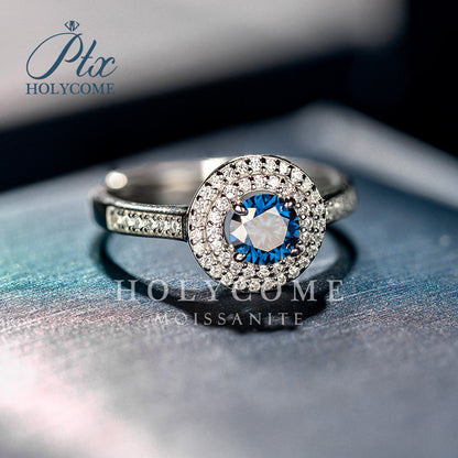 Round Blue Moissanite Half Eternity Halo Adjustable Ring