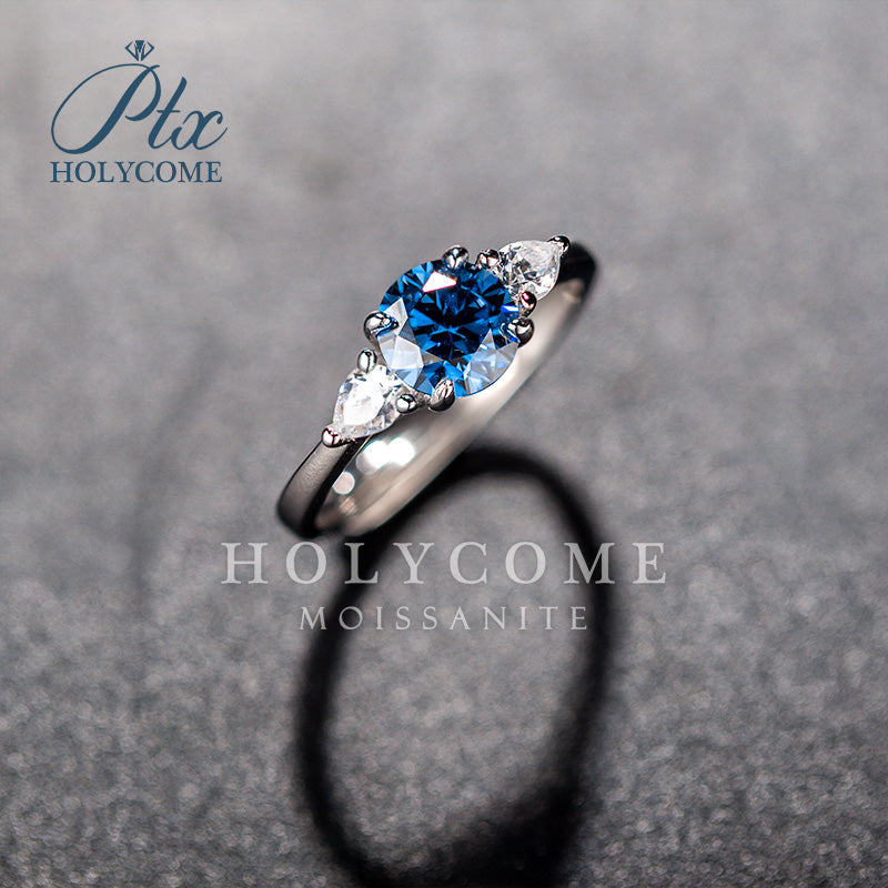 Round Blue Moissanite Adjustable Half Eternity 3-Stone Engagement Ring