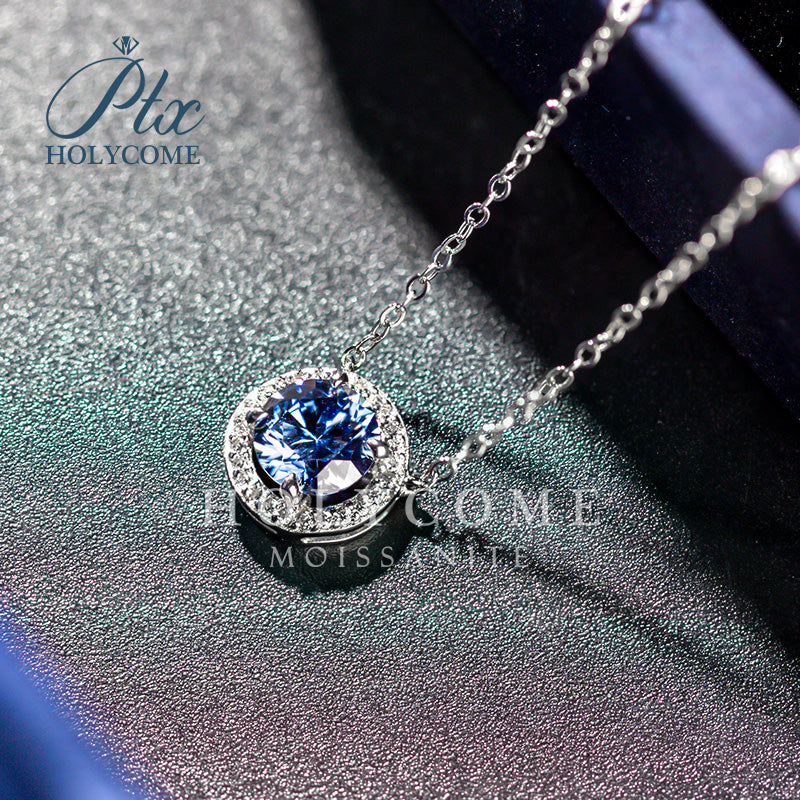 Round Blue Moissanite Halo Pendant Necklace