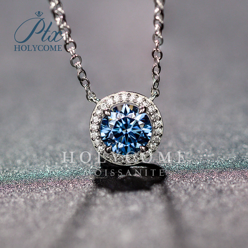 Round Blue Moissanite Halo Pendant Necklace