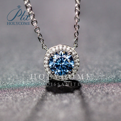 Round Blue Moissanite Halo Pendant Necklace