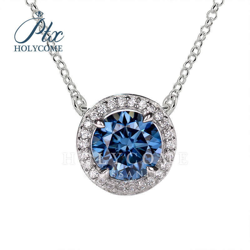 Round Blue Moissanite Halo Pendant Necklace