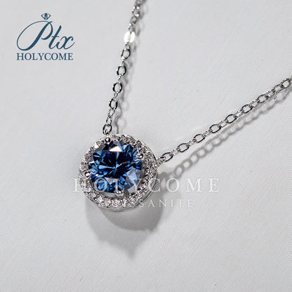 Round Blue Moissanite Halo Pendant Necklace