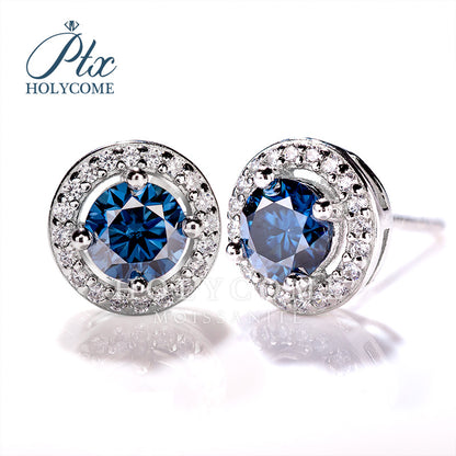 S925 Sterling Silver 1CT Round Blue Moissanite Stud Earrings