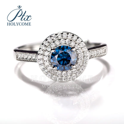 Round Blue Moissanite Half Eternity Halo Adjustable Ring